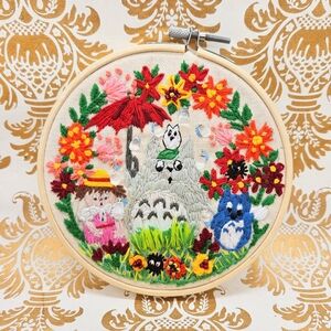 My Neighborhood Totoro floral embroidery circle wall art NWT